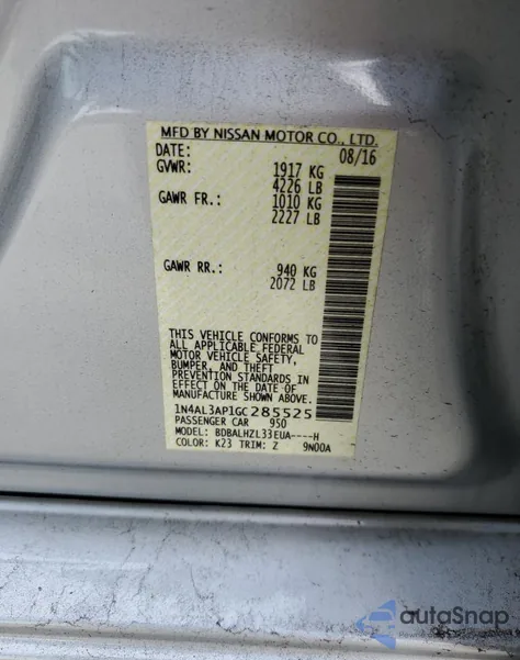 2016 Nissan Altima 2.5 z USA, uszkodzony, nr VIN 1N4AL3AP1GC285525